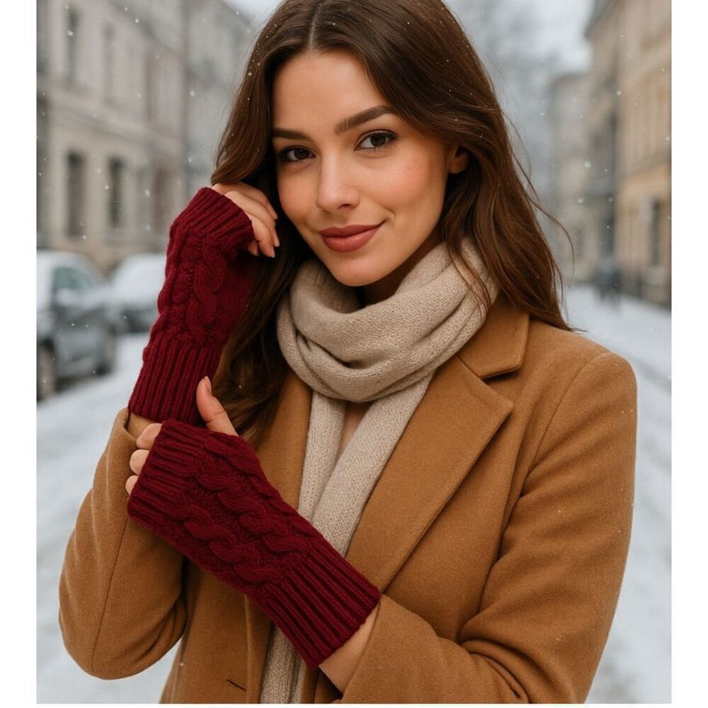 Women’s Cable Knit Fingerless Gloves Burgundy One Size